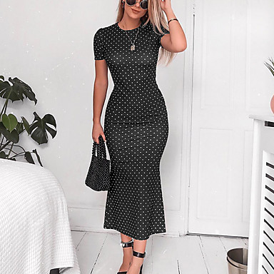 baratos Vestidos Midi-Mulheres Delgado Tubinho Vestido Poá Médio / Para Noite