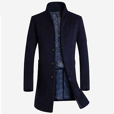 baratos Trench Coat-Homens Diário Básico Outono Tamanho Europeu / Americano Longo Casaco Longo, Sólido Colarinho Chinês Manga Longa Lã Azul Marinha / Cinzento / Vinho