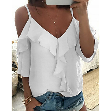 baratos Blusas-Mulheres Blusa Frufru / Chifon / Com tiras, Sólido Com Alças Delgado Branco / Primavera / Verão / Outono