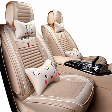 Universal 5-Seats Car Seat Covers Cushion Pad Coffee Linen Fabric w// Pillow USA