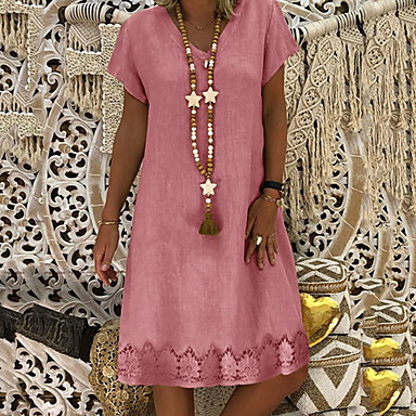 baratos Mini Vestidos-Mulheres Shift Dress Vestido no Joelho - Manga Curta Verão Decote V Casual Férias Amarelo Rosa Khaki Azul Claro S M L XL XXL XXXL XXXXL XXXXXL