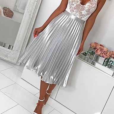 baratos Saias Femininas-Mulheres Evasê Saias - Sólido Pregueado Prata Rosa M L XL