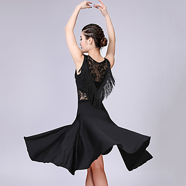 baratos Roupa e Sapatos de Dança-Dança Latina Vestidos Mulheres Treino / Espetáculo Poliéster / Elastano Renda / Mocassim Sem Manga Alto Vestido