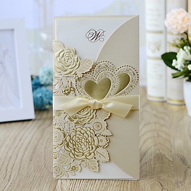 baratos Lembrancinhas &amp; Presentes para Festas-Embrulhado e de Bolso Convites de casamento 10pçs - Cartões de convite Estilo Floral Papel Pérola 21.5*11.5 cm Arco de Cetim