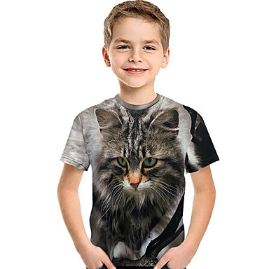 baratos Camisas para Meninos-Infantil Bébé Para Meninos Activo Básico Gato Estampado 3D Animal Estampado Manga Curta Camiseta Cinzento