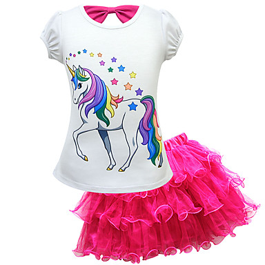 baratos Conjuntos para Meninas-Infantil Bébé Para Meninas Activo Moda de Rua Unicorn Estampado Renda Manga Curta Padrão Padrão Algodão Conjunto Rosa