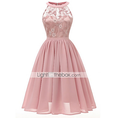 baratos Renda Romântica-Mulheres Delgado Evasê Vestido Médio Rosa empoeirada