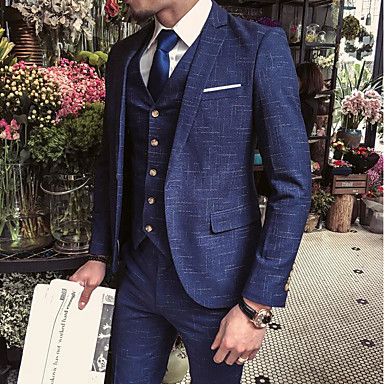 baratos Smokings &amp; Ternos-Azul Marinho Escuro Checkered Padrão Algodão Terno - Notch / Paletó Fino Comum 1 Botão / Suits