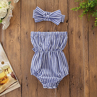 baratos Macacões &amp; Bodies de Bebê-bebê Para Meninas Activo / Básico Listrado Laço Sem Manga Algodão Maiô Azul / Bébé