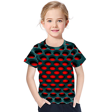 baratos Blusas para Meninas-Infantil Bébé Para Meninas Activo Básico Geométrica Estampado 3D Estampado Manga Curta Camiseta Vermelho