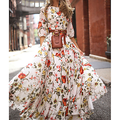 baratos Vestidos Longos-Mulheres Vestido Swing Maxi Vestido - Manga 3/4 Floral Flor Queimado Estampado Primavera Verão Casual Feriado Férias Luva Lantern Frufru Branco S M L XL XXL