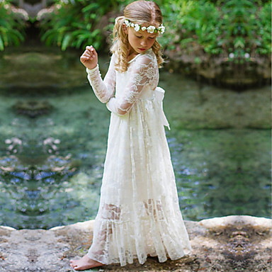 baratos Roupa de Festa para Meninas-Infantil Para Meninas Doce Boho Festa Branco Jacquard Renda Flor Manga Longa Longo Vestido Preto