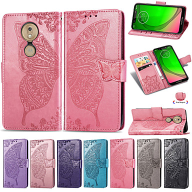 baratos Capinhas para Motorola-Caso para motorola moto g7 / moto g7 poder em relevo / flip / com suporte casos de corpo inteiro flor / borboleta de couro pu macio para moto g7 / moto g7 play / moto g7 poder