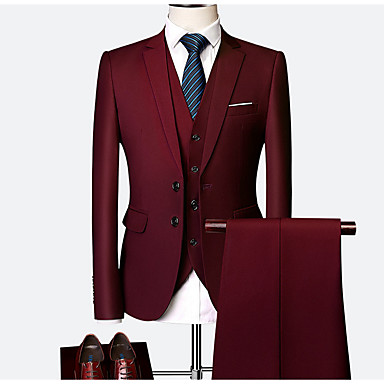 baratos Ternos &amp; Blazers Masculinos-Homens Tamanhos Grandes Ternos / Conjuntos, Sólido Colarinho de Camisa Poliéster Preto / Vinho / Roxo / Delgado