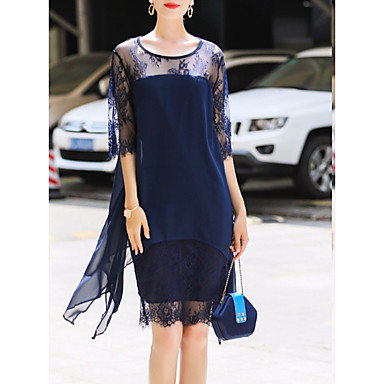 baratos Renda Romântica-Mulheres 2020 Tamanhos Grandes Vinho Azul Vestido Moda de Rua Primavera Verão Bainha Geométrica Renda Chifon S M