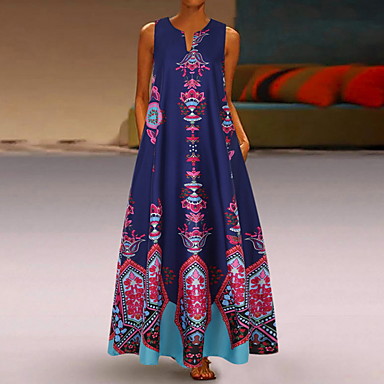 baratos Vestidos Vintage-Mulheres Vestido A-Line Maxi Vestido - Sem Manga Bolsos Estampado Primavera Verão Decote V Casual Boho Feriado Férias 2020 Branco Preto Azul Amarelo Azul Claro S M L XL XXL XXXL XXXXL XXXXXL