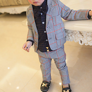 baratos Conjuntos para Meninos-Infantil Bébé Para Meninos Activo Básico Estampado Xadrez Estampado Manga Longa Curto Curto Algodão Conjunto Azul Marinha