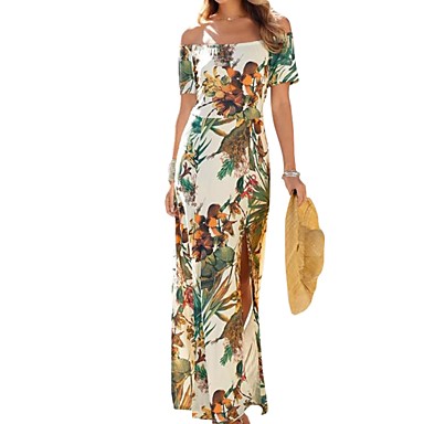 Women's Maxi Sheath Dress - Floral Off Shoulder Beige S M L XL 7498284 ...