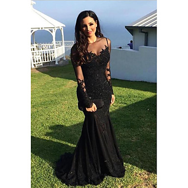 baratos Casamentos &amp; Festas-Sereia Decorado com Bijuteria Cauda Escova Renda Evento Formal Vestido com Apliques / Aplicação de renda de LAN TING Express