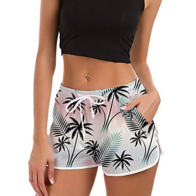 Women's Sporty Slim Shorts Pants - Plants Tropical Leaf, Print White S ...