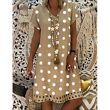 baratos Vestidos Estampados-Mulheres 2020 Amarelo Khaki Vestido Casual Primavera Verão Feriado Férias Reto Poá Estampado Decote V Cordões S M