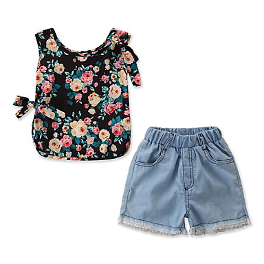 baratos Conjuntos para Bebês-bebê Para Meninas Activo / Básico Floral Laço / Estampado / Guarnição do laço Sem Manga Padrão Conjunto