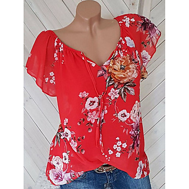Women's Casual Plus Size Cotton Loose T-shirt - Floral V Neck Red ...