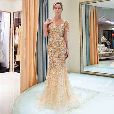 baratos Casamentos &amp; Festas-Sereia Decote V Cauda Escova Poliéster / Tule / Paetês Brilho &amp; Glitter Evento Formal Vestido com de LAN TING Express