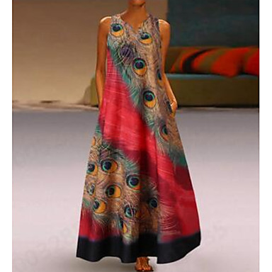 baratos Vestidos Longos-Mulheres Longo Tamanhos Grandes Vermelho Azul Marinha Vestido Casual Verão Feriado Férias Evasê Solto Estampado Decote V Estampado S M