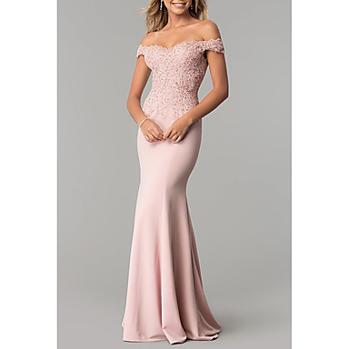 baratos Vestidos para Ocasiões Especiais-Sereia Elegante Rosa Baile de Formatura Evento Formal Vestido Ombro a Ombro Manga Curta Cauda Escova Chiffon Renda com Apliques 2020