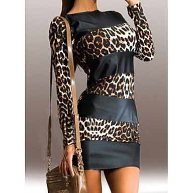 baratos Mini Vestidos-Mulheres Básico Tubinho Vestido - Estampado, Leopardo Mini
