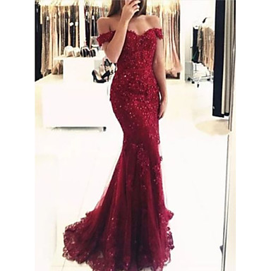 baratos Vestidos para Ocasiões Especiais-Sereia Luxuoso Vermelho Baile de Formatura Evento Formal Vestido Ombro a Ombro Manga Curta Cauda Escova Renda com Miçangas Apliques 2020