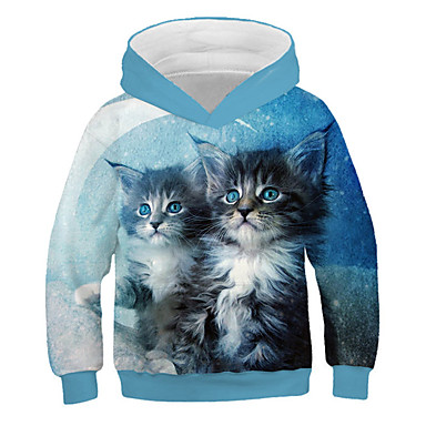 baratos Moletons Para Meninas-Infantil Para Meninas Activo Moda de Rua Gato Estampado 3D Animal Estampado Manga Longa Moleton &amp; Blusa de Frio Azul