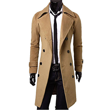 baratos Trench Coat-Homens Festa / Diário Activo / Moda de Rua Primavera &amp; Outono / Inverno Longo Casaco Longo, Sólido Gola Enrolada Manga Longa Poliéster / Elastano Preto / Cinzento / Khaki / Skinny