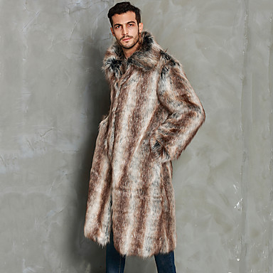 [$123.19] Men's Going out Sexy / Street chic Fall / Winter Long Faux Fur Coat, Color Block Turndown Long Sleeve Faux Fur Brown