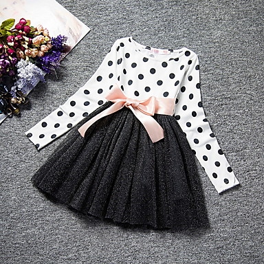 baratos Vestidos para Meninas-Infantil Para Meninas Poá Com Transparência Manga Longa Longo Vestido Preto