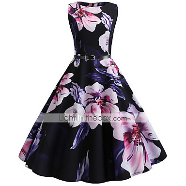 baratos Vestidos Vintage-Mulheres Evasê Vestido - Sem Manga Floral Preto S M L XL XXL