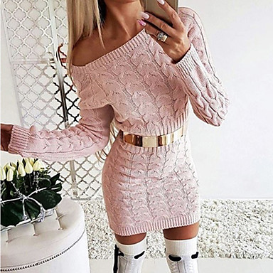 baratos Vestidos Suéter-Mulheres Básico Tubinho Bainha Tricô Vestido Sólido Mini
