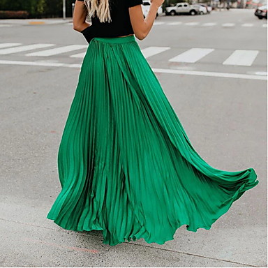 baratos Saias Femininas-Mulheres Longo Balanço Saias - Sólido Pregueado Preto Branco Rosa S M L
