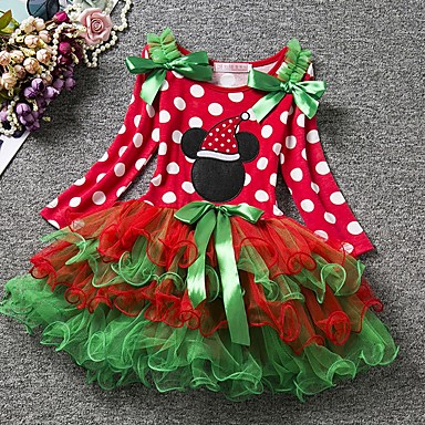 baratos Natal-bebê Para Meninas Básico Poá / Natal Manga Longa Algodão Vestido Vermelho / Bébé