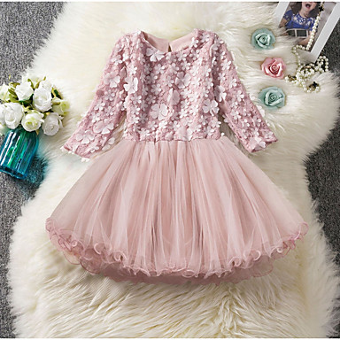 baratos Roupa de Festa para Meninas-Infantil Para Meninas Sólido Altura dos Joelhos Vestido Rosa