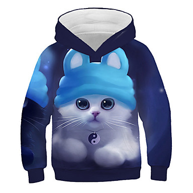 baratos Moletons Para Meninas-Infantil Para Meninas Activo Moda de Rua Gato Estampado 3D Animal Estampado Manga Longa Moleton &amp; Blusa de Frio Azul