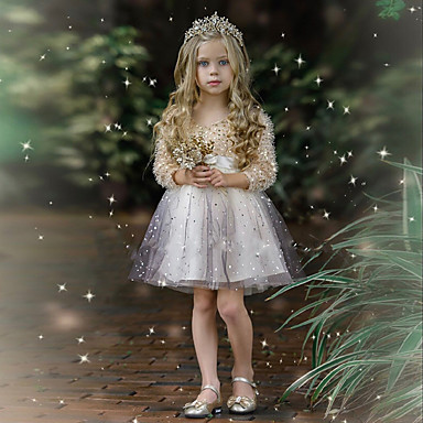 baratos Roupa de Festa para Meninas-Infantil Para Meninas Estilo bonito Estampa Colorida Paetês Manga Longa Altura dos Joelhos Vestido Prata / Algodão