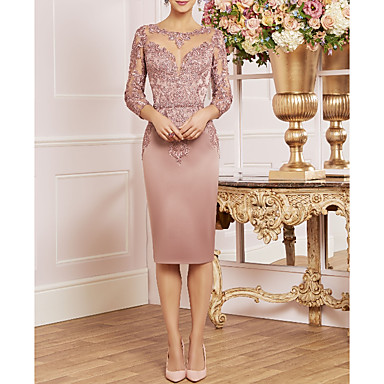 baratos Casamentos &amp; Festas-Tubinho Decorado com Bijuteria Até os Joelhos Renda / Cetim Vestido Para Mãe dos Noivos com Apliques de LAN TING Express / Embrulho incluido