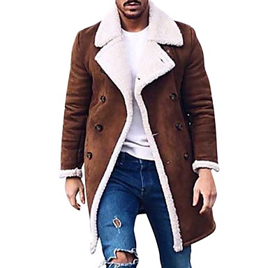 baratos Roupa de Homem-Homens Diário Primavera &amp; Outono Longo Casaco, Sólido Lapela Chanfrada Manga Longa Poliéster Marron