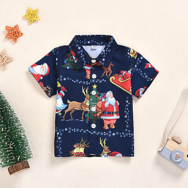 baratos Blusas para Meninos Bebês-bebê Para Meninos Activo / Básico Papai Noel Estampado / Natal Manga Curta Algodão Camisa Azul / Bébé