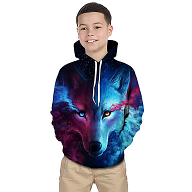 baratos Roupas de Meninos-Infantil Bébé Para Meninos Activo Básico Lobo Geométrica Estampa Colorida 3D Estampado Manga Longa Moleton &amp; Blusa de Frio Azul