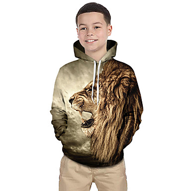 baratos 3D-Infantil Bébé Para Meninos Activo Básico Leão Geométrica Estampado Estampa Colorida Estampado Manga Longa Moleton &amp; Blusa de Frio Khaki