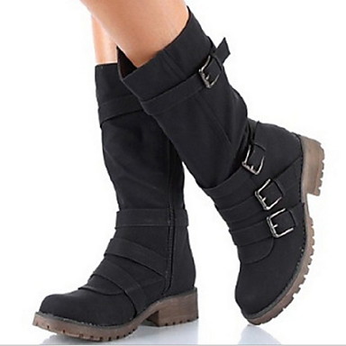 baratos Botas Femininas-Mulheres Botas Sem Salto Ponta Redonda Couro Ecológico Botas Cano Médio Outono &amp; inverno Preto / Marron