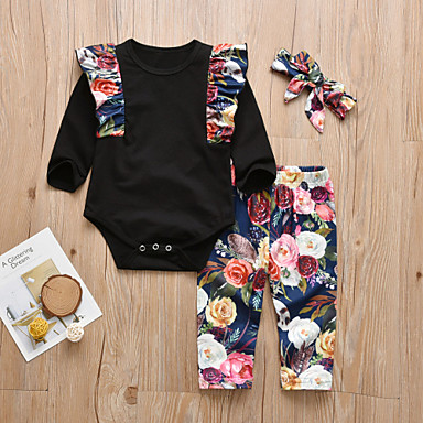 baratos Conjuntos para Bebês-bebê Para Meninas Casual / Activo Floral / Estampado Estampado Manga Longa Longo Conjunto Preto